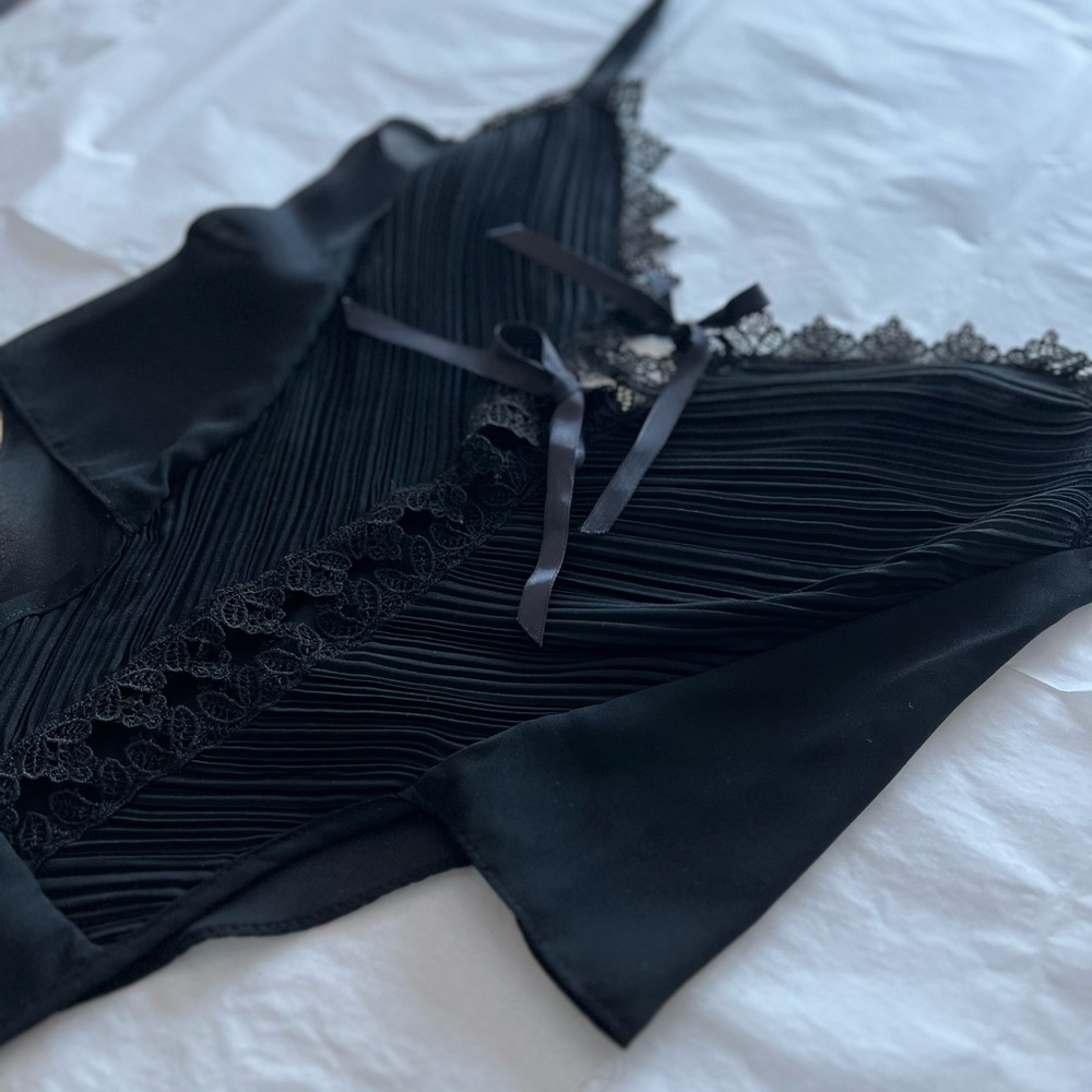 EUC La Senza black silk chiffon lingerie onesie tie front adjustable straps